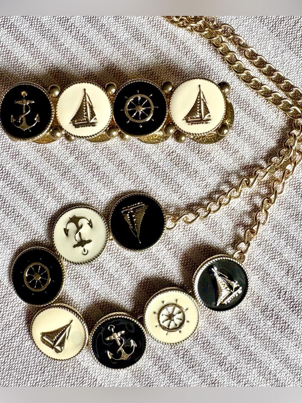 Nautical Medallion Gold Chain Necklace & Bracelet Set - Black & Cream Enamel